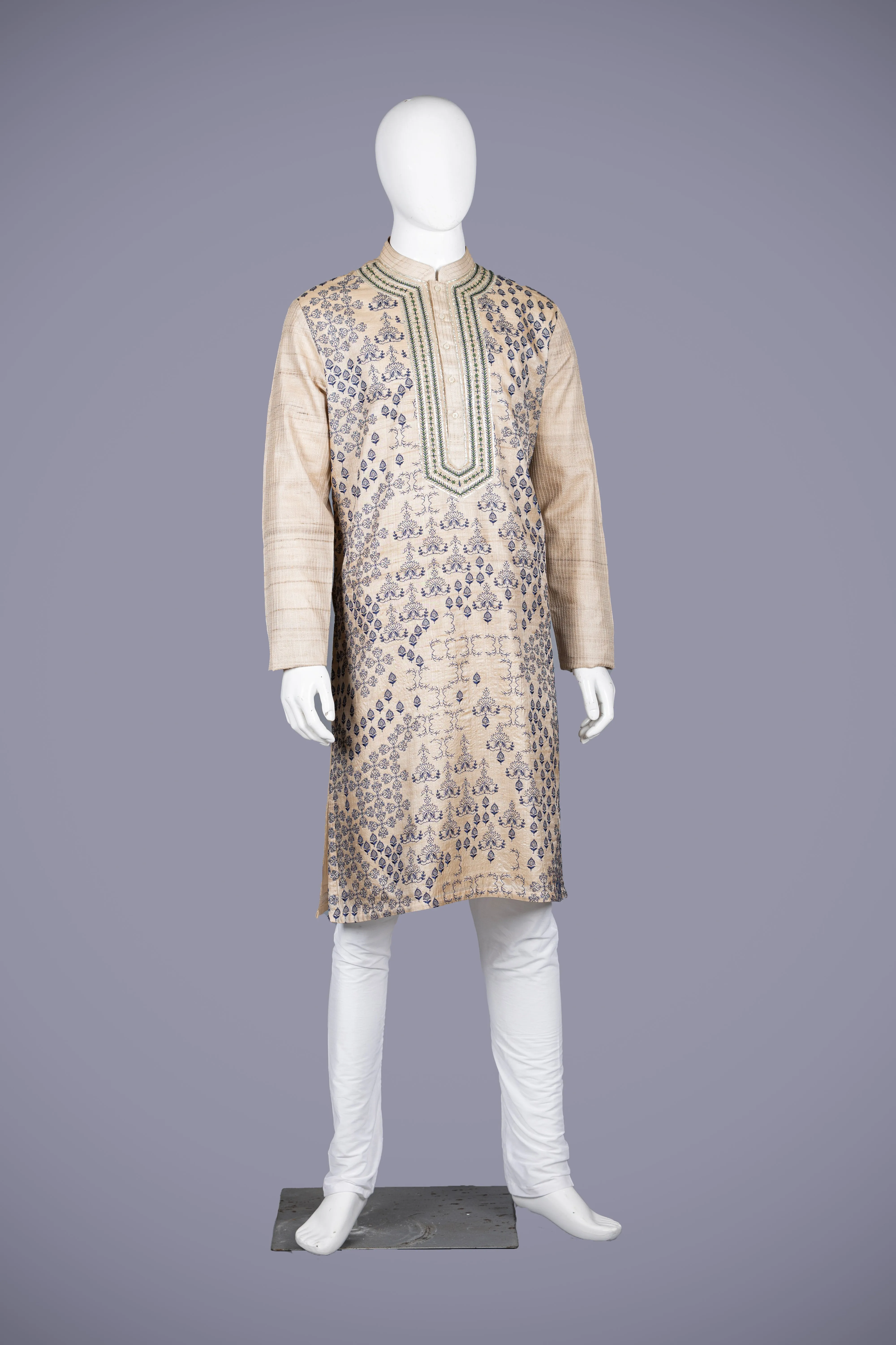 Beige Tussar Silk Kurta Set with Resham & Sequence Work