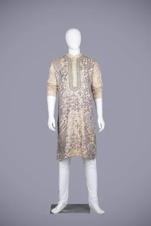 Beige Tussar Silk Kurta Set with Resham & Sequence Work