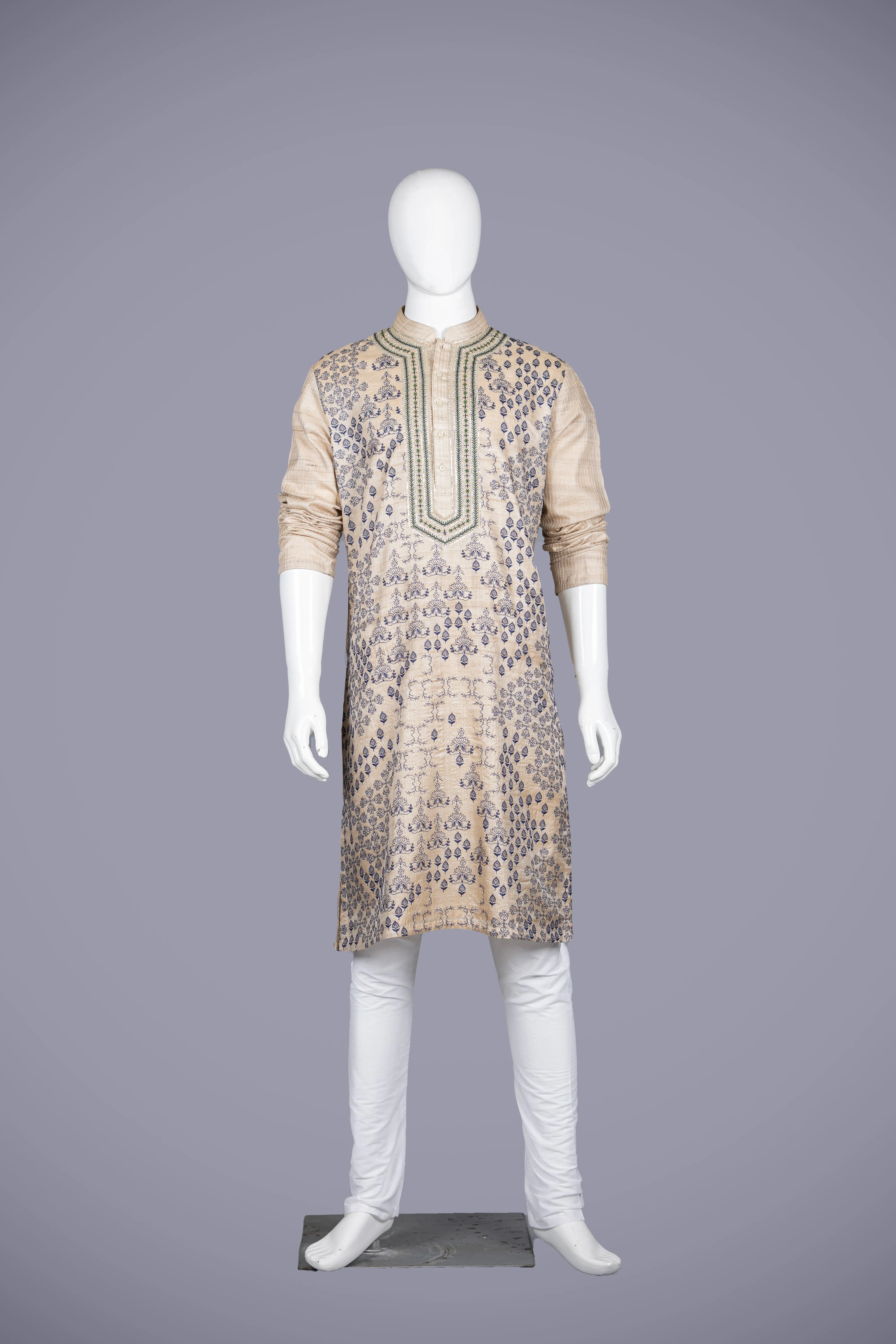 Beige Tussar Silk Kurta Set with Resham & Sequence Work