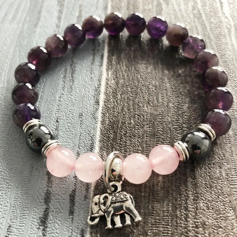 Buddhisttemple Amethyst Natural Stone Bracelet Yoga Treatment Mala Elephant Bracelet