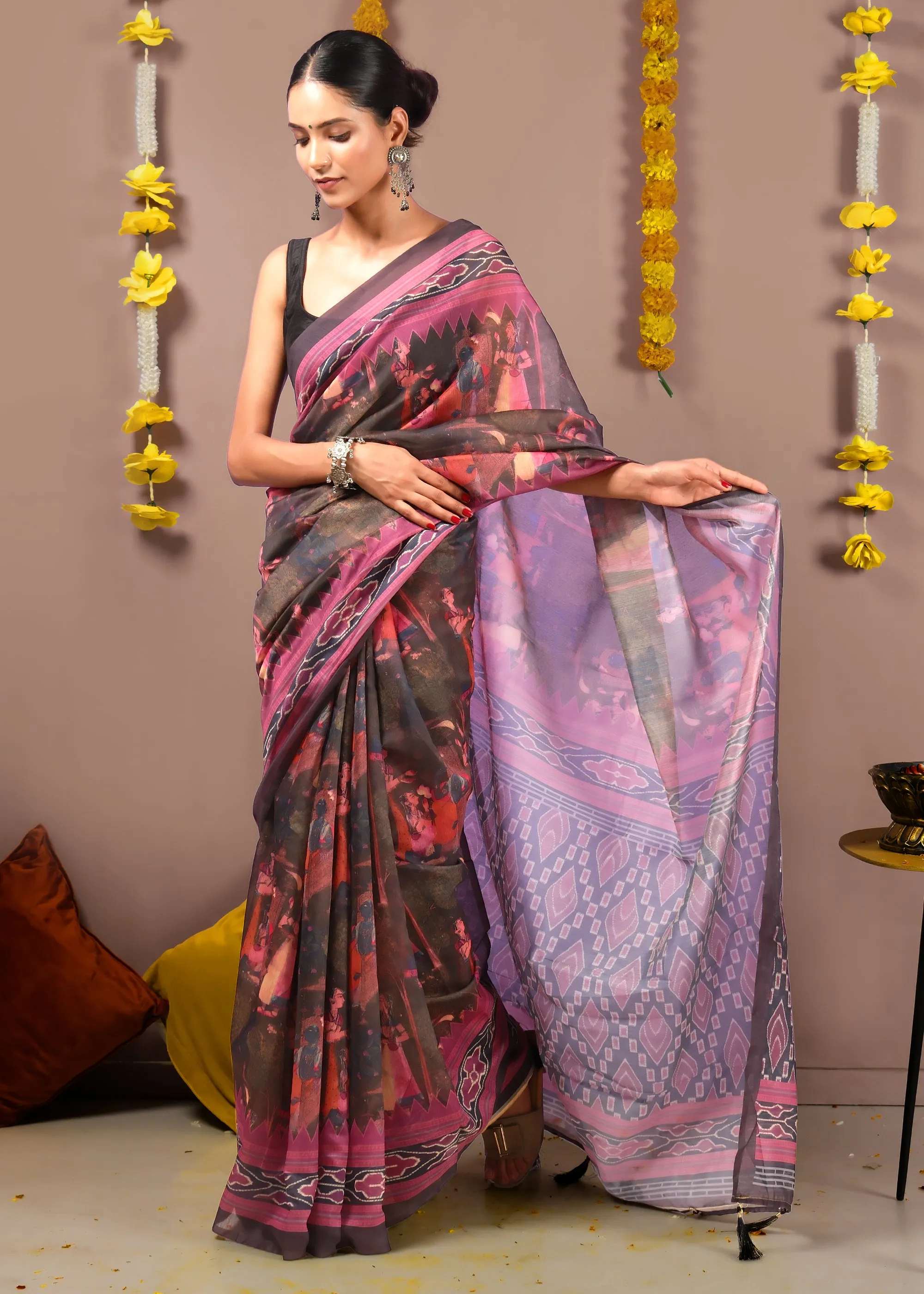 Krishna Rasleela Ikat Digital Silk Saree