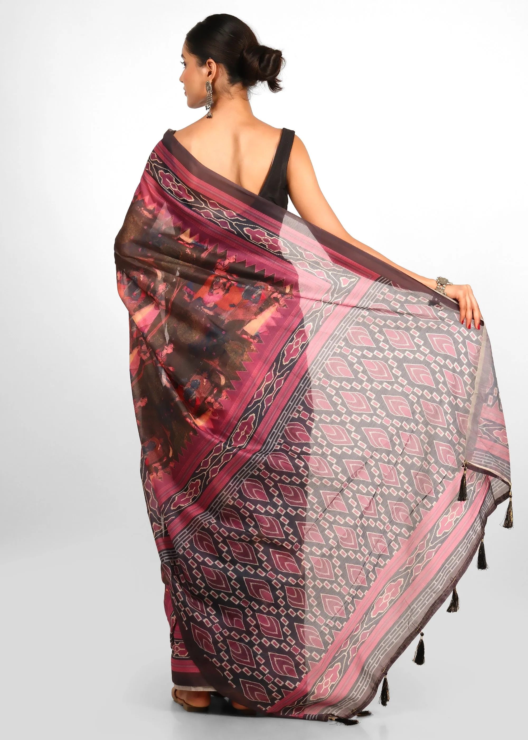 Krishna Rasleela Ikat Digital Silk Saree