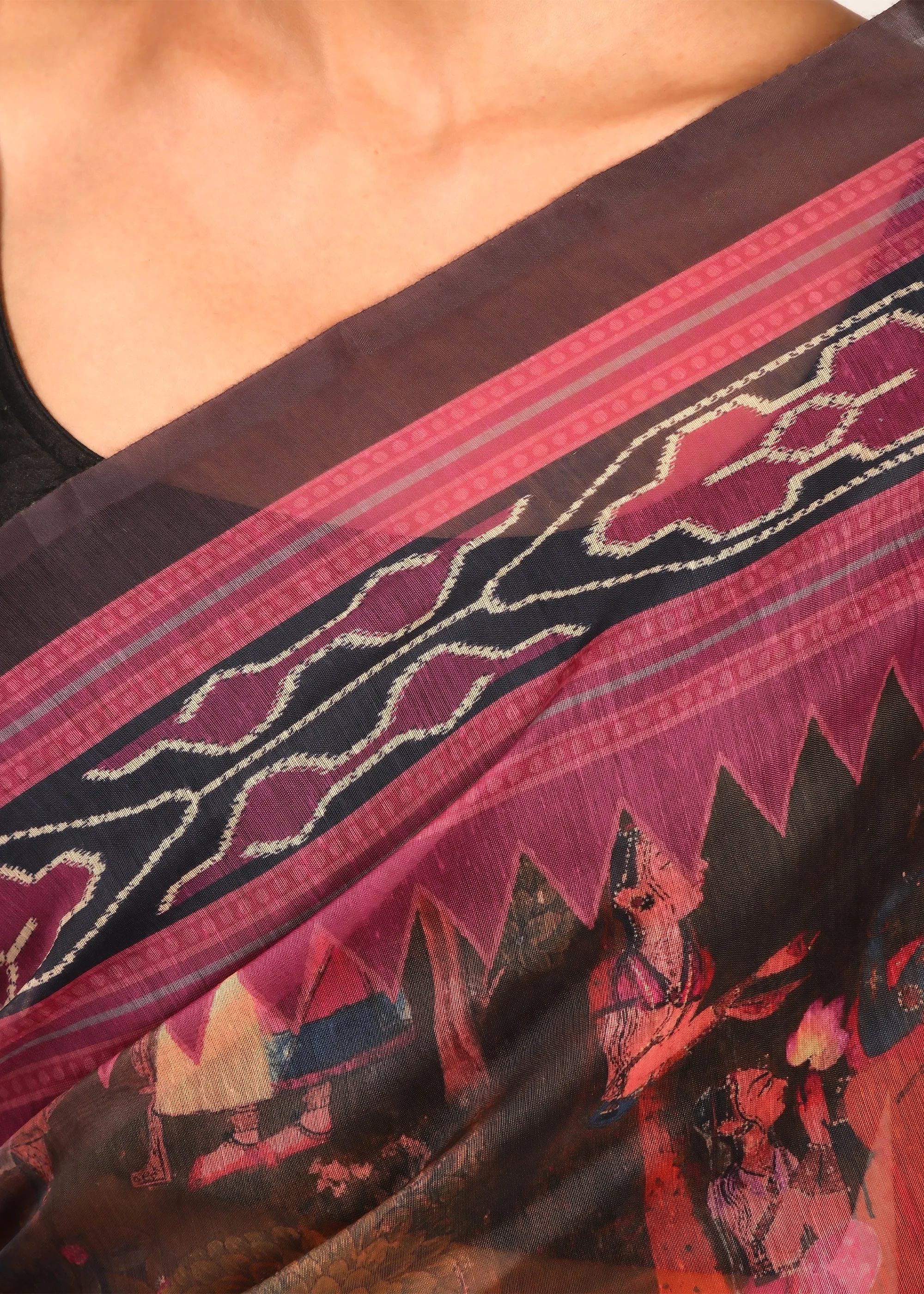 Krishna Rasleela Ikat Digital Silk Saree