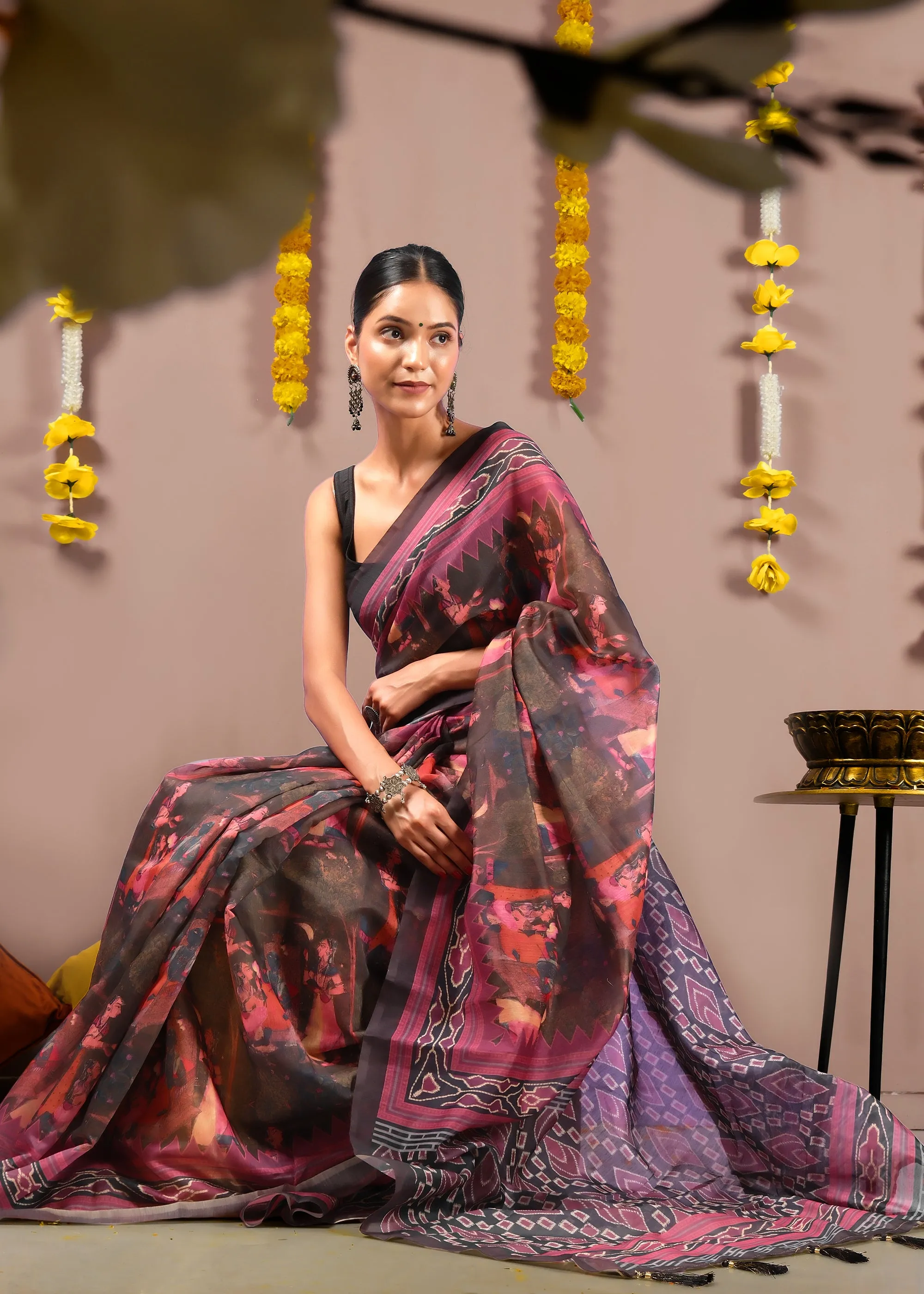 Krishna Rasleela Ikat Digital Silk Saree