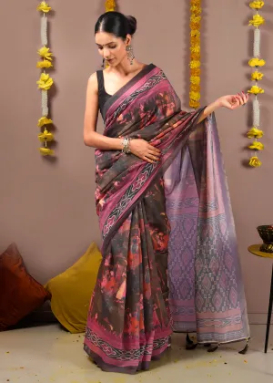 Krishna Rasleela Ikat Digital Silk Saree