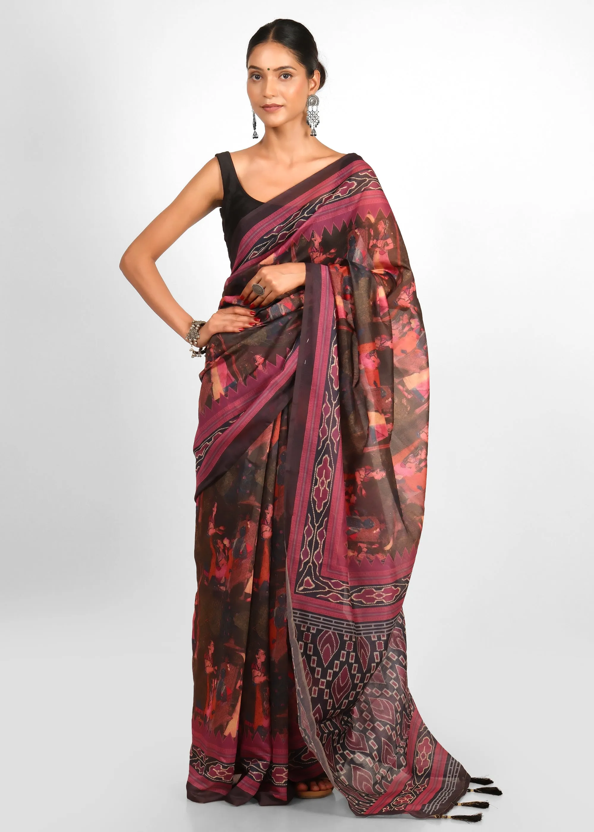 Krishna Rasleela Ikat Digital Silk Saree