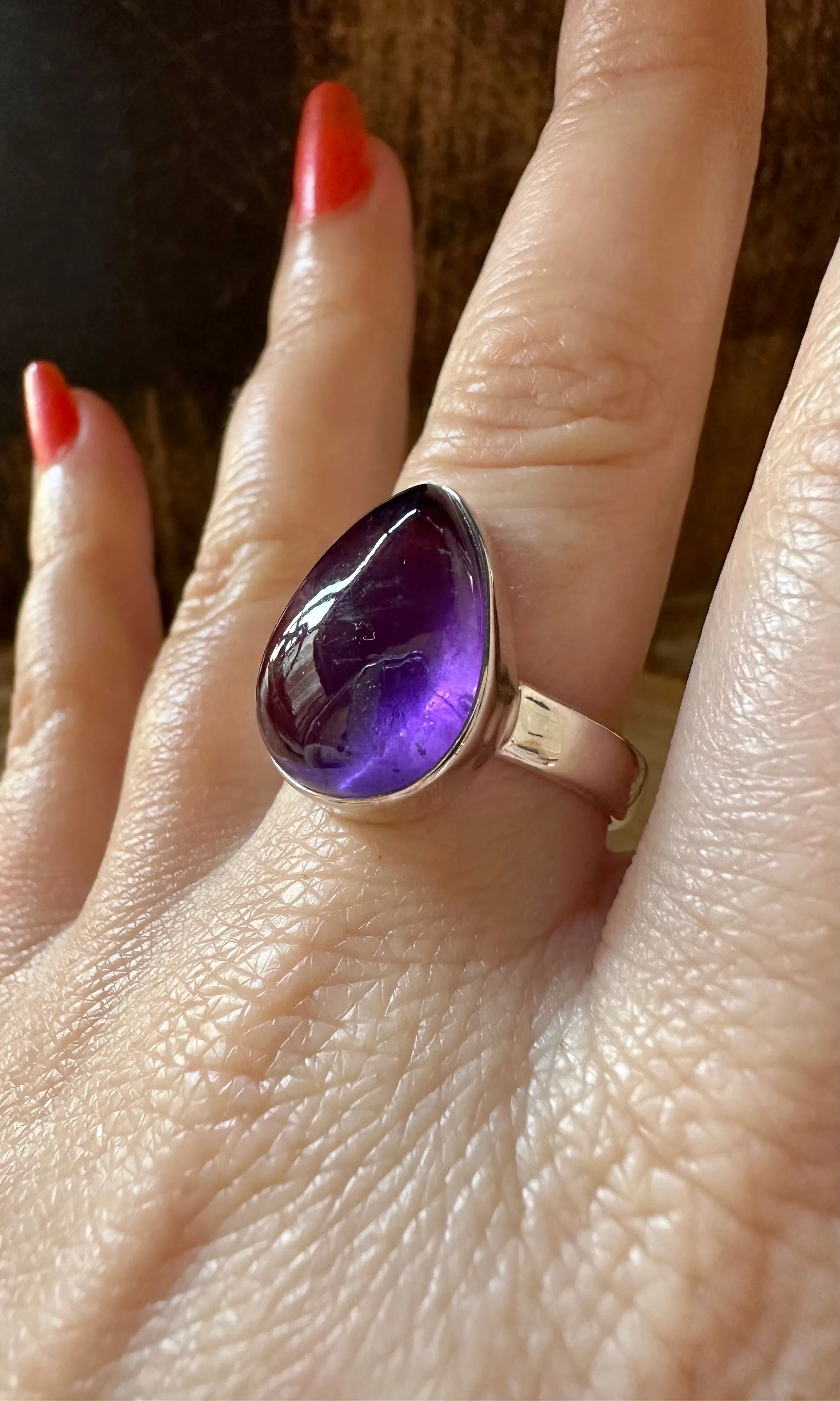 ROUND TEARDROP Amethyst Sterling Silver Ring • Size 8