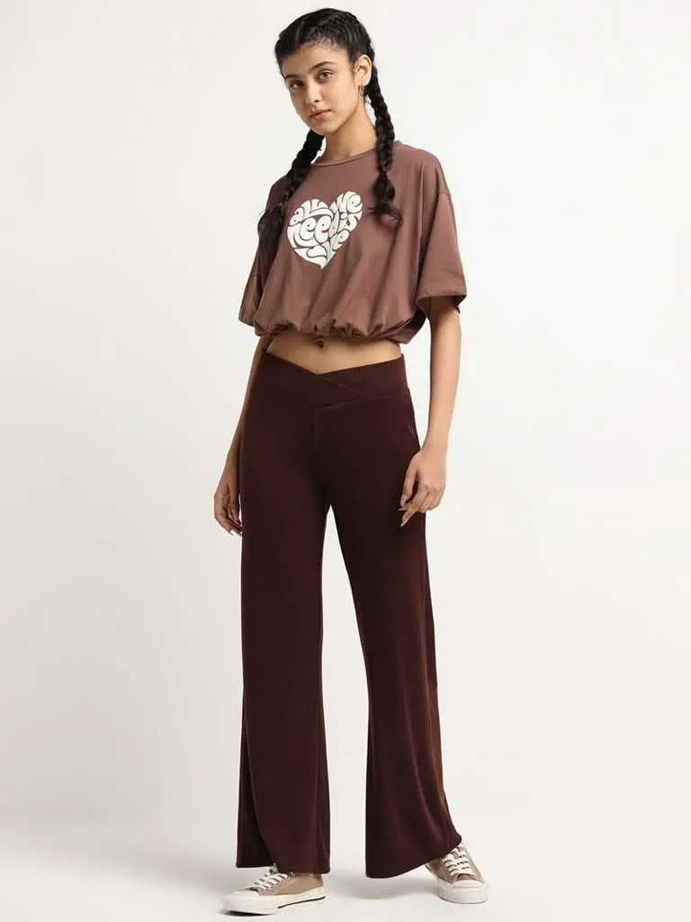 Superstar Brown Drawstring Cotton Crop T-Shirt