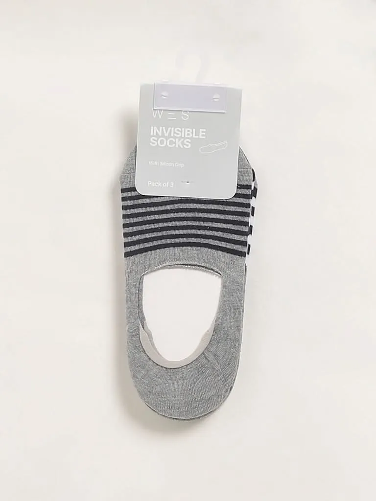 WES Lounge Grey Striped No-Show Cotton Blend Socks - Pack of 3